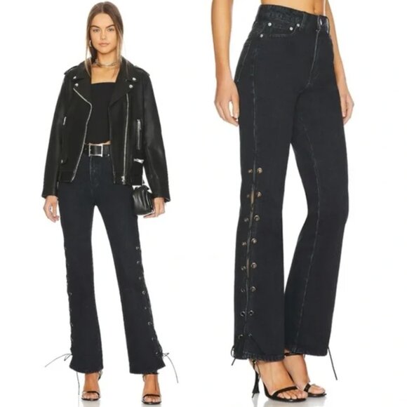 Superdown Jayda Lace Up Jeans in Washed Black Size 24 High Rise Flare - Picture 2 of 5